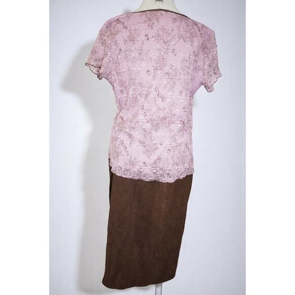 Dressbarn Pink Lace Peasant Top & Brown Midi Skirt Set XL Romantic Y2K Boho - Picture 7 of 14